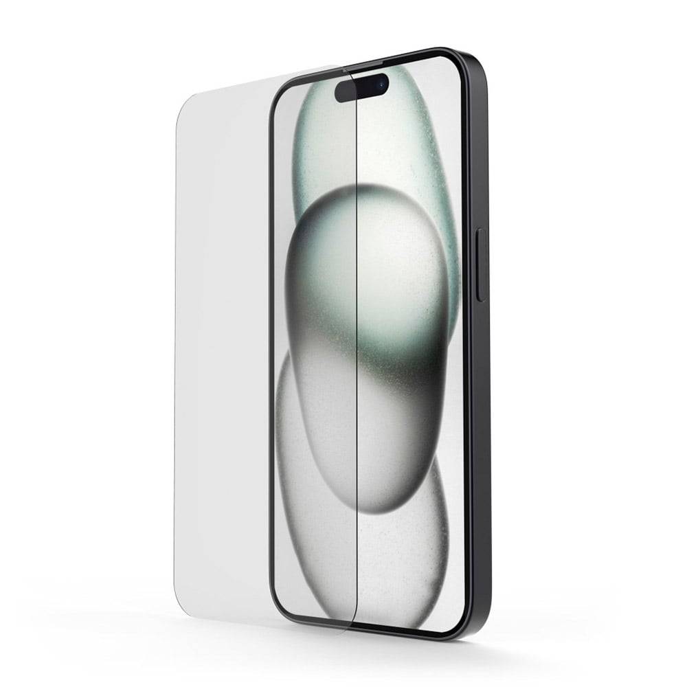 Ein Smartphone mit einem teilweise aufgeklebten Displayschutz, auf dessen Bildschirm abstrakte, mehrfarbige Kreise zu sehen sind.