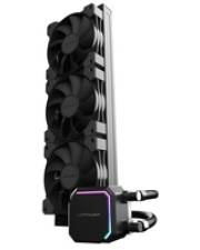 Ein vertikaler Flüssigkeits-CPU-Kühler mit gestapelten Lüftern und einer leuchtenden LED-beleuchteten Pumpe, entwickelt für effiziente Wärmeableitung in Computeraufbauten.