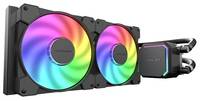 Ein schwarzer flüssiger CPU-Kühler mit zwei RGB-beleuchteten Lüftern auf einem Radiator und einem Pumpenblock mit verbundenen Schläuchen.