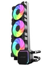 Ein Computerkühsystem mit vier vertikal gestapelten RGB-Lüftern, die ein Farbspektrum darstellen. Die Konfiguration wirkt modern und elegant.