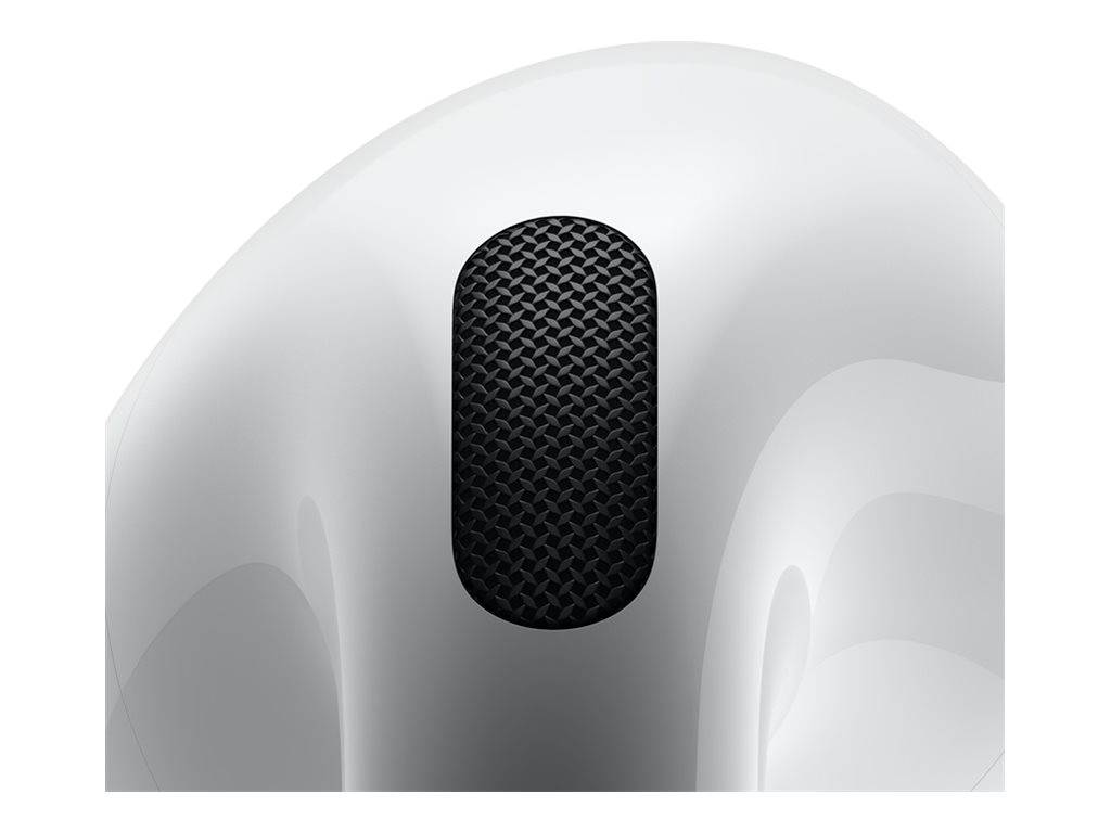 Nahaufnahme eines weißen Ohrhörers mit einem schwarzen Gitter in der Nähe der Spitze, der sein schlankes und modernes Design hervorhebt.