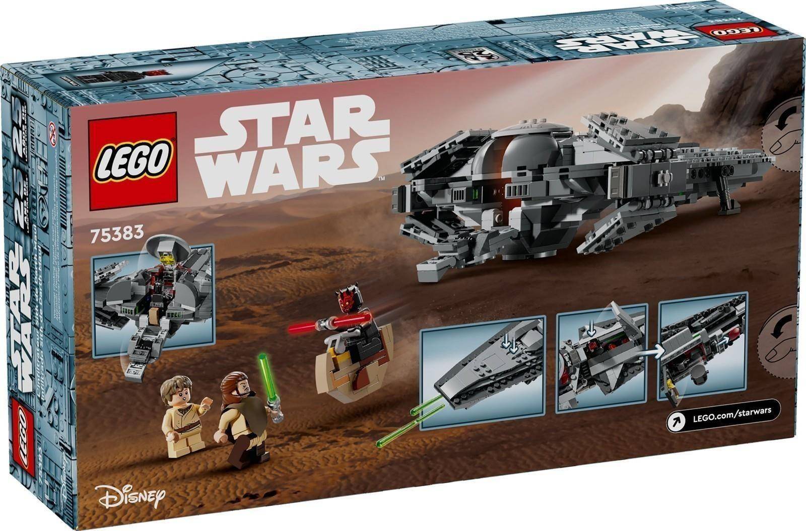 LEGO Star Wars Set 75383 Schachtel zeigt eine Wüstenszene mit Luke Skywalker und einem kleinen Landspeeder, plus detaillierte Baumerkmale des Modells.