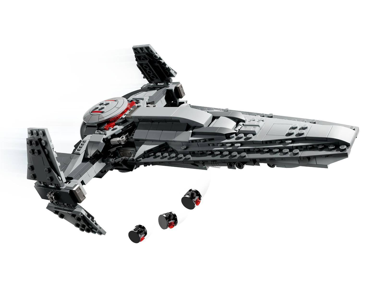 Ein graues LEGO-Raumschiff mit roten Akzenten, in Seitenansicht auf weißem Hintergrund gezeigt, mit drei kleinen abgelösten Teilen, die darunter schweben.