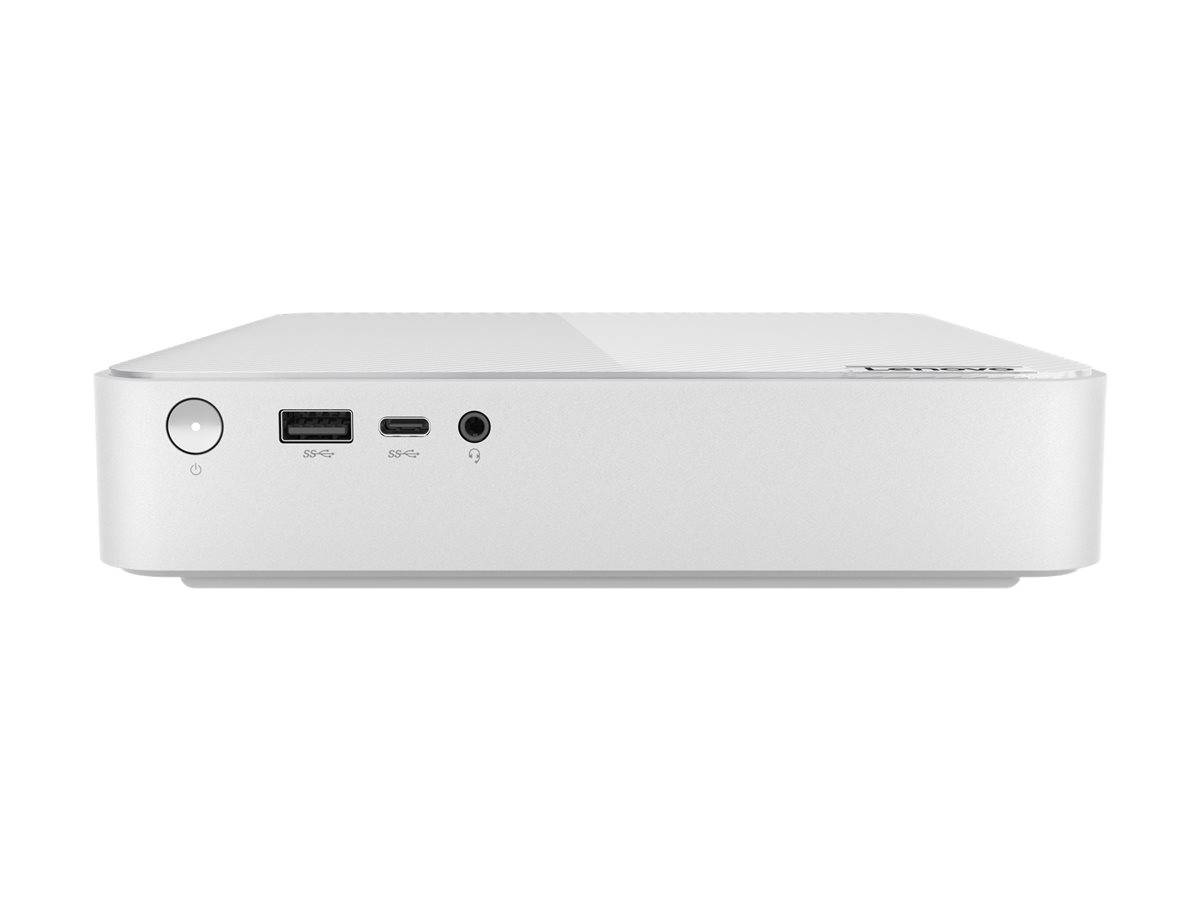 Ein schlankes, weißes elektronisches Gerät mit einem Powerknopf, USB-Anschlüssen und einem Audioeingang auf der Frontplatte.