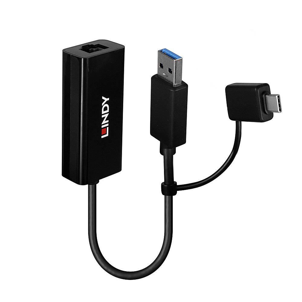 Schwarzes LINDY USB-C-Adapterkabel mit USB-A-Stecker, gezeigt mit einem kleinen rechteckigen Adaptermodul.