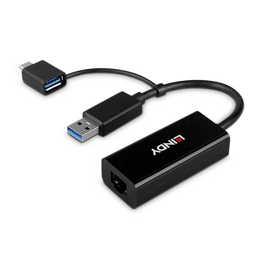 USB 3.0-Adapterkabel mit USB-A-Stecker und USB-C-Buchse an einem schwarzen LINY-Stecker im Kastenformat, dargestellt auf weißem Hintergrund.