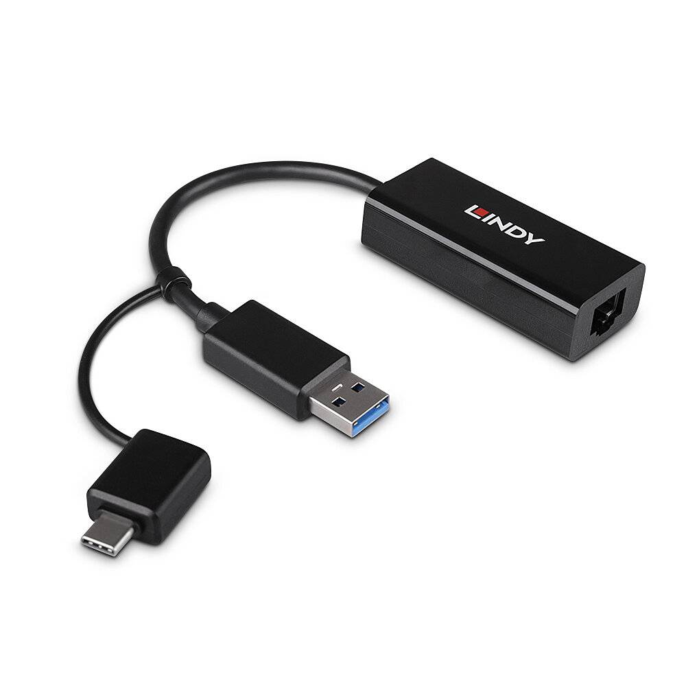 USB-Adapterkabel mit USB-A- und USB-C-Steckern, die an einem schwarzen Lindy-Adaptergehäuse mit Ethernet-Anschluss angebracht sind.
