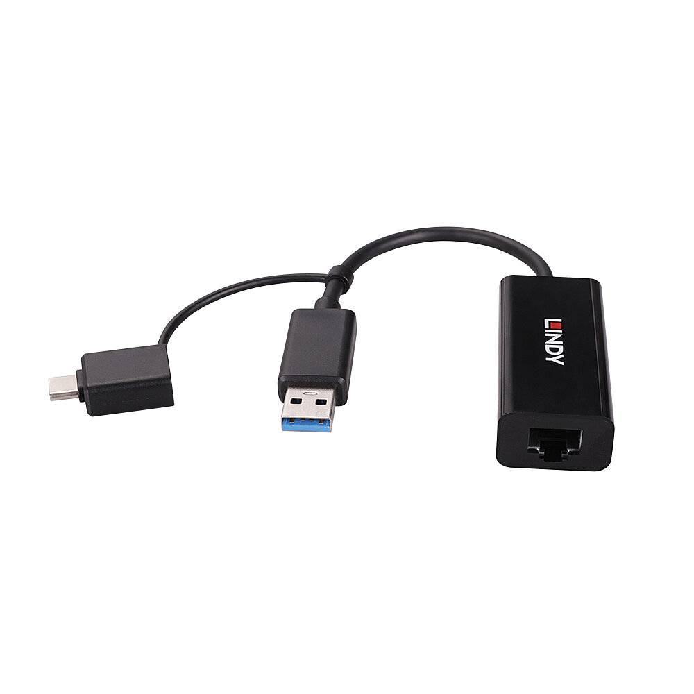 USB-C-zu-Ethernet-Adapter mit kurzem Kabel und abnehmbarem USB-A-Adapter, Marke 'LINDY'.