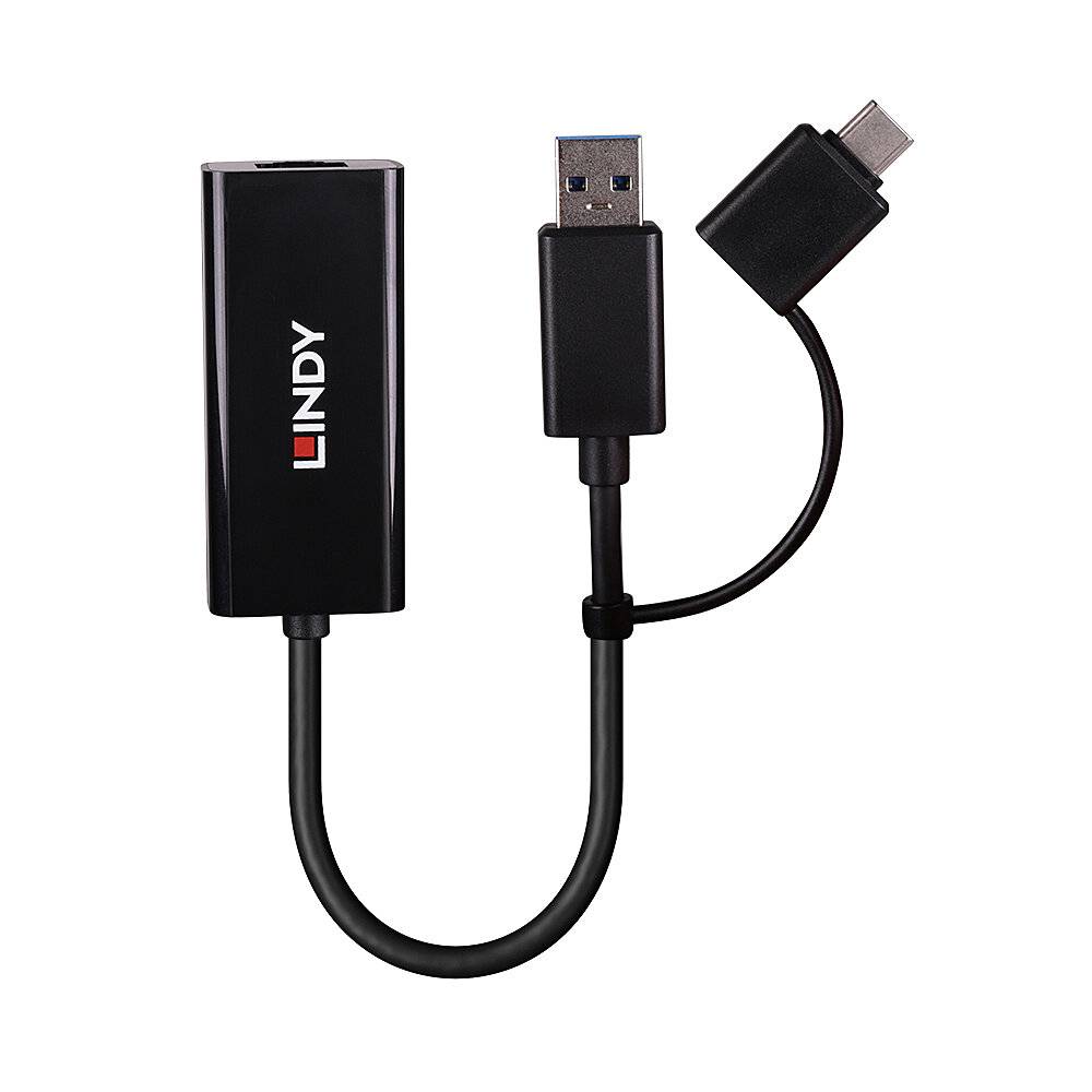 Schwarzes Lindy-Adapterkabel mit USB-A- und HDMI-Anschlüssen sowie einem kleinen Micro-USB-Seitenstecker auf weißem Hintergrund.