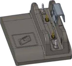 Nahaufnahme eines grauen Electrical-Connector-Klemmblocks mit freigelegten Metallstiften und einer Scharnierkappe auf weißem Hintergrund.