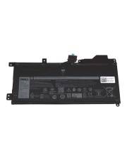 Schwarze Dell-Laptop-Batterie auf weißem Hintergrund, mit sichtbaren Montagelaschen und Anschluss.