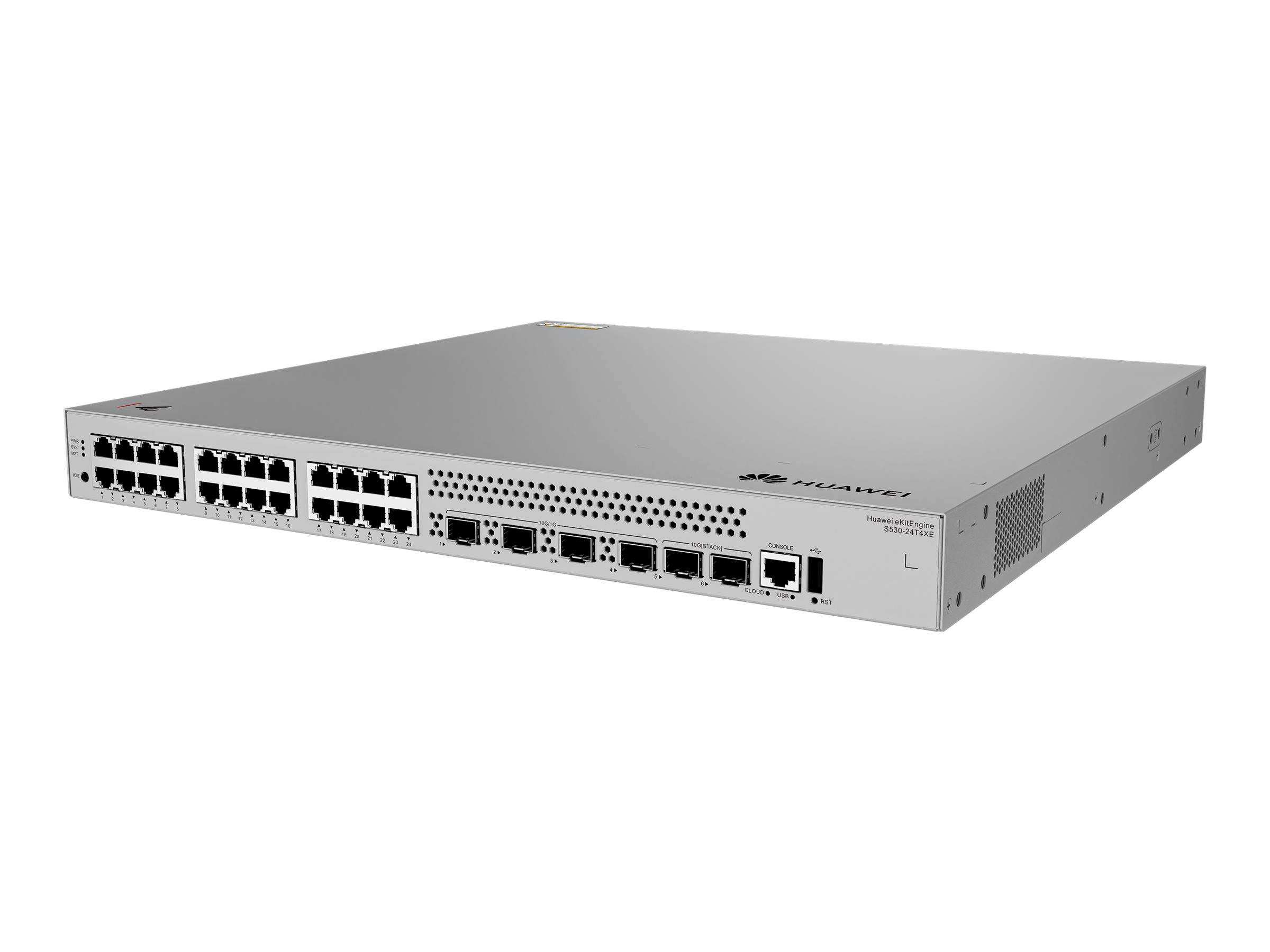 Rack-montierbarer Netzwerk-Switch mit mehreren Ethernet-Anschlüssen und einigen Uplink-Anschlüssen auf der Frontblende.