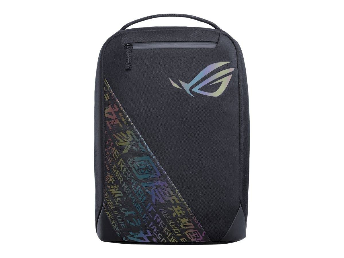 Schwarzer ASUS ROG Rucksack mit regenbogenfarbenem geometrischem Diagonalpaneel und Logo auf der Vorderseite, gezeigt auf einem schlichten weißen Hintergrund.