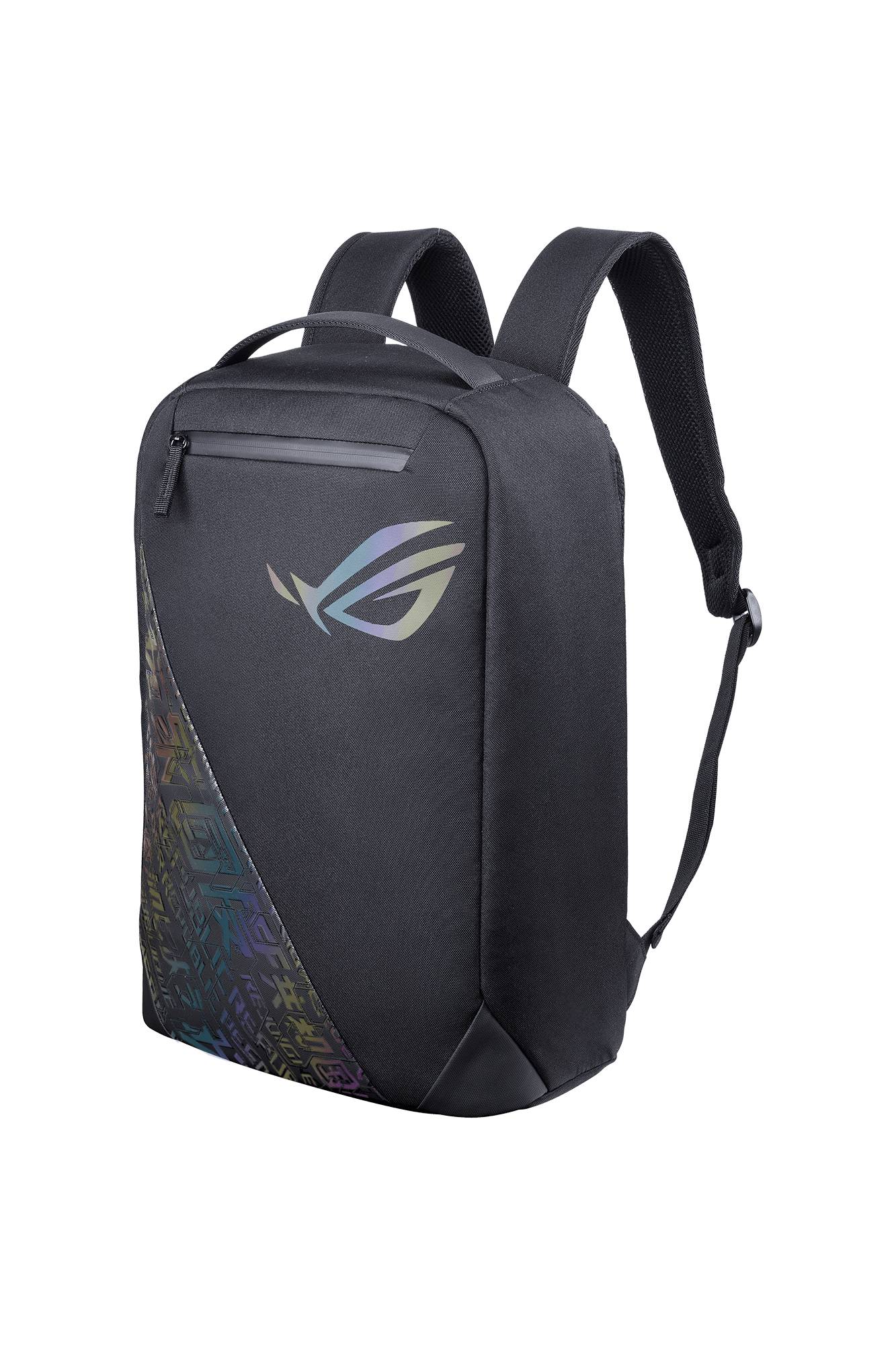 Dunkelgrauer ASUS ROG-Rucksack mit Logo, vorderer Reißverschlusstasche und gemustertem unteren Panel auf schwarzem Hintergrund.