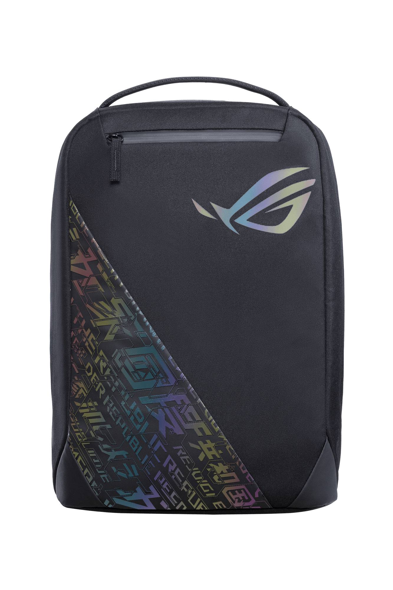 Schwarzer Asus ROG Rucksack mit Griff oben, Reißverschlusstasche vorne und mehrfarbigen geometrischen Logo-Akzenten auf dunklem Hintergrund.