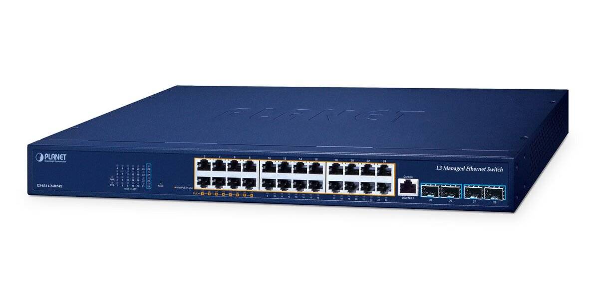 Blue PLANET Layer-2-verwalteter Ethernet-Switch mit 24 RJ45-Anschlüssen und 4 SFP-Uplink-Anschlüssen auf der Frontplatte.