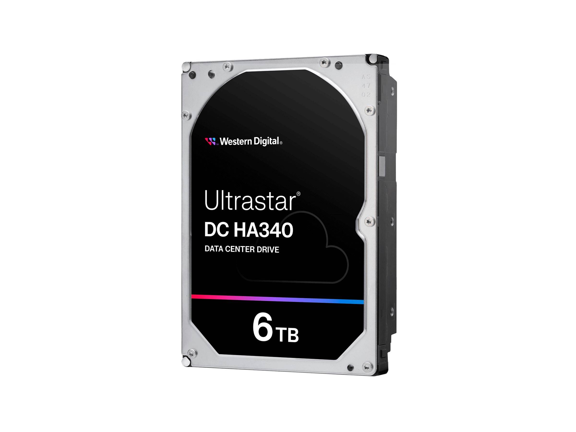 Western Digital Ultrastar DC HA340 6TB Festplatte für Rechenzentren auf weißem Hintergrund dargestellt.