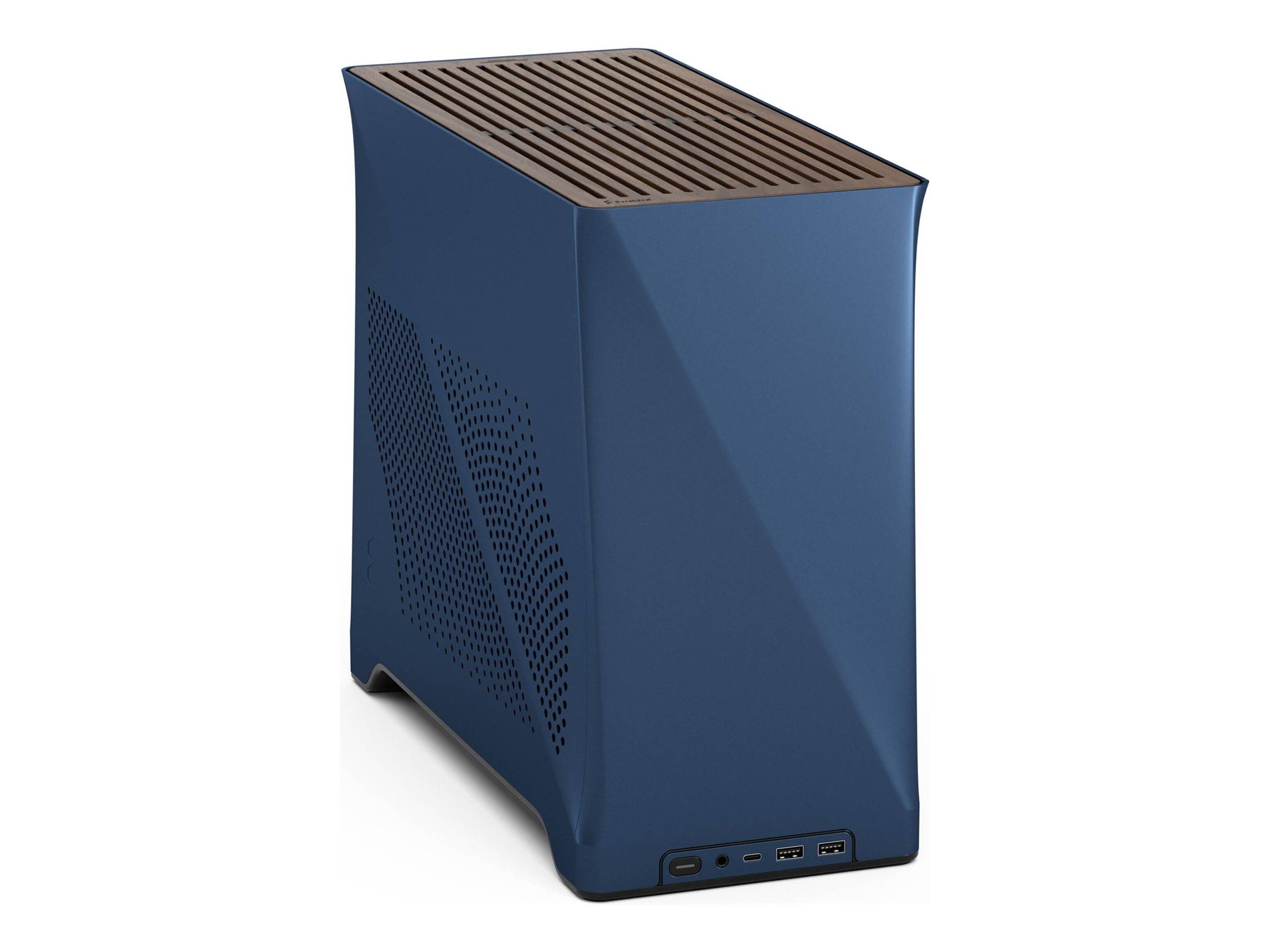 Blauer Desktop-Computer-Tower mit belüftetem Deckel, durchlochtem Seitenpaneel und vorderen USB- und Audioanschlüssen