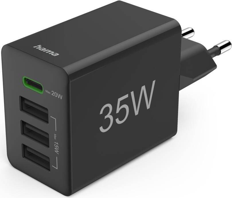 Hama Schnellladegerät 1x USB-C PD 3x USB-A Mini-Ladegerät 35W Schwarz USB Ladegerät - Schnellladegerät