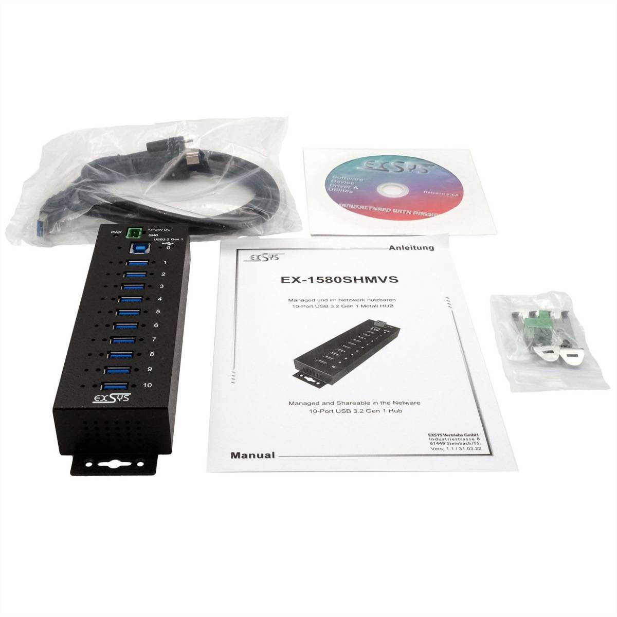 EXSYS EX-1580SHMVS Managed, Netzwerk-teilbarer 10-Port USB 3.2 Gen 1 Metall HUB, 15KV ESD Schutz