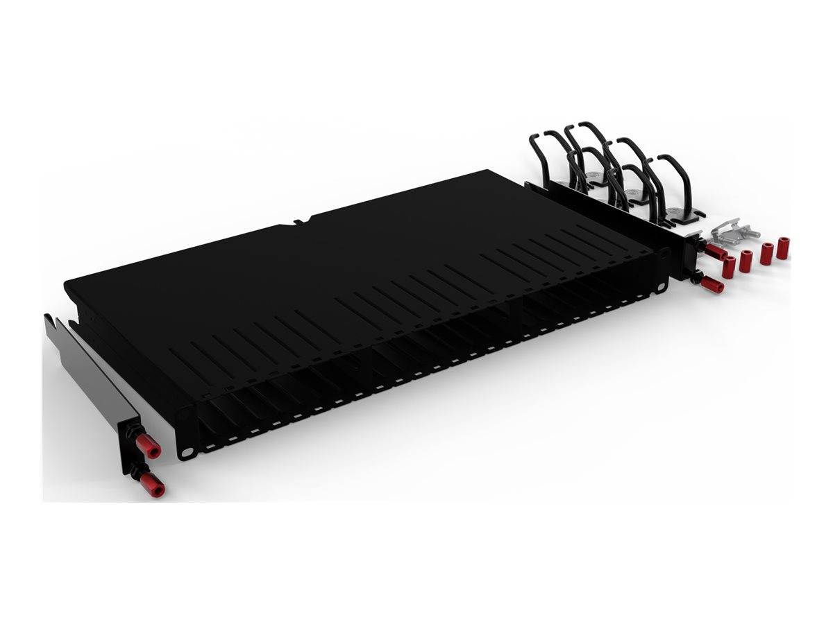 Ein schwarzes Glasfaser-Patchpanel mit roten Anschlüssen auf der linken Seite, das mehrere Kabelmanagement-Halterungen auf der rechten Seite aufweist.