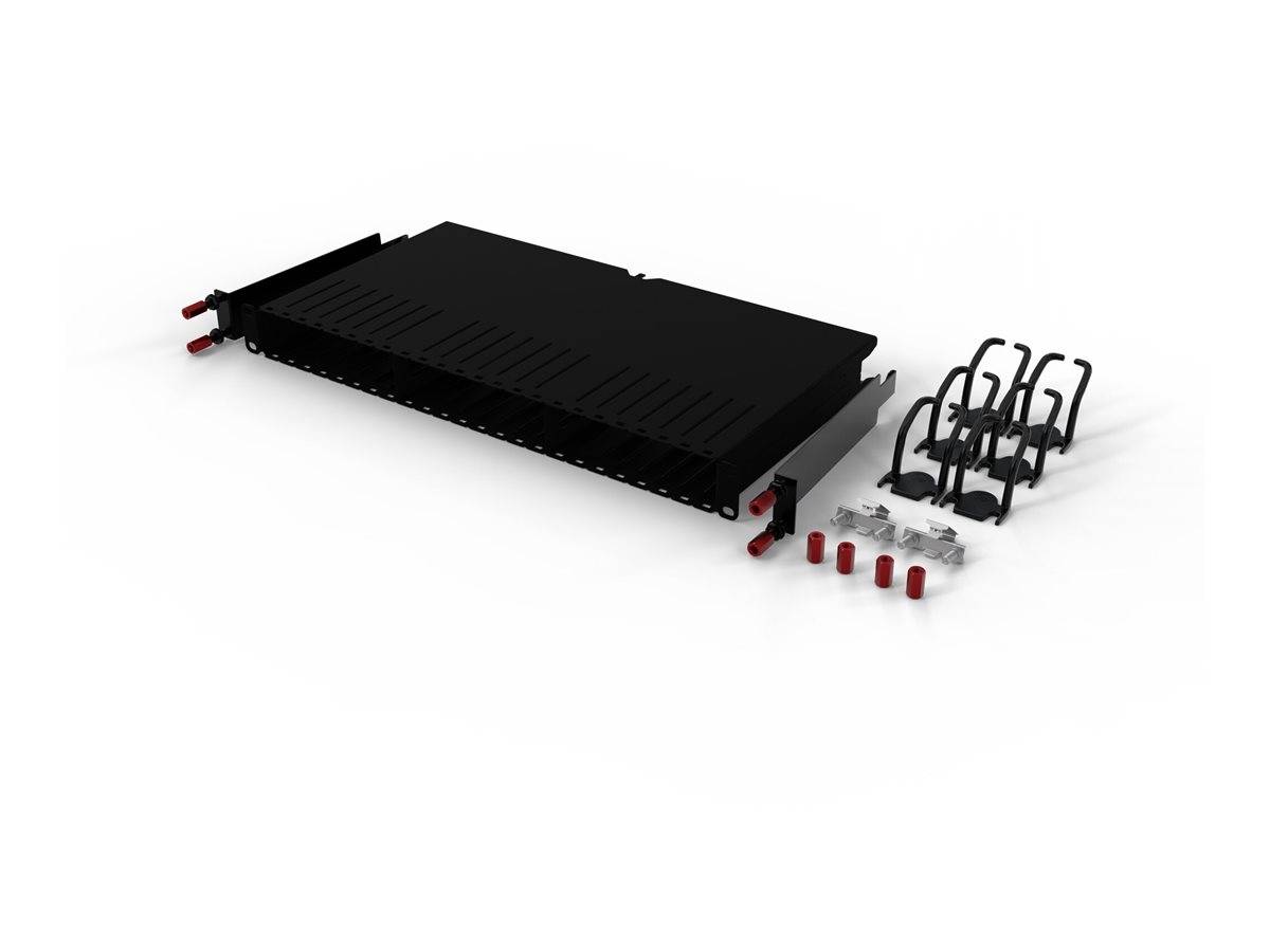 Ein schwarzes 1U Glasfaser-Patchpanel mit Kabelverwaltungsschienen und Zubehör, das in der Netzwerkinfrastruktur zur Organisation von Glasfaserkabeln verwendet wird.