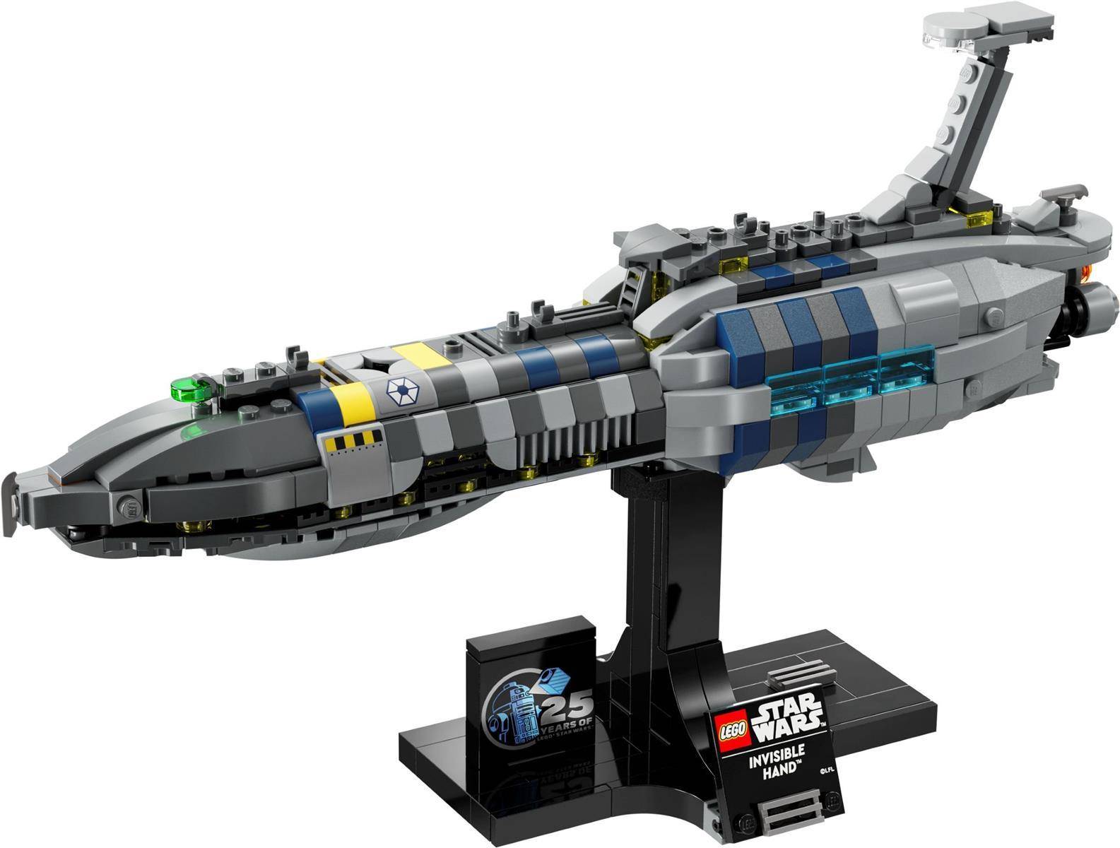 LEGO Star Wars Invisible Hand Modellschiff auf schwarzem Ständer mit bedruckter Plakette ausgestellt.