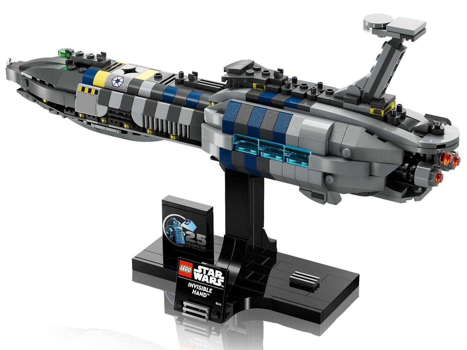 LEGO Star Wars Ausstellungsmodell eines grauen Raumschiffs auf schwarzem Ständer, gezeigt als sammelbares Bauwerk mit einer „25