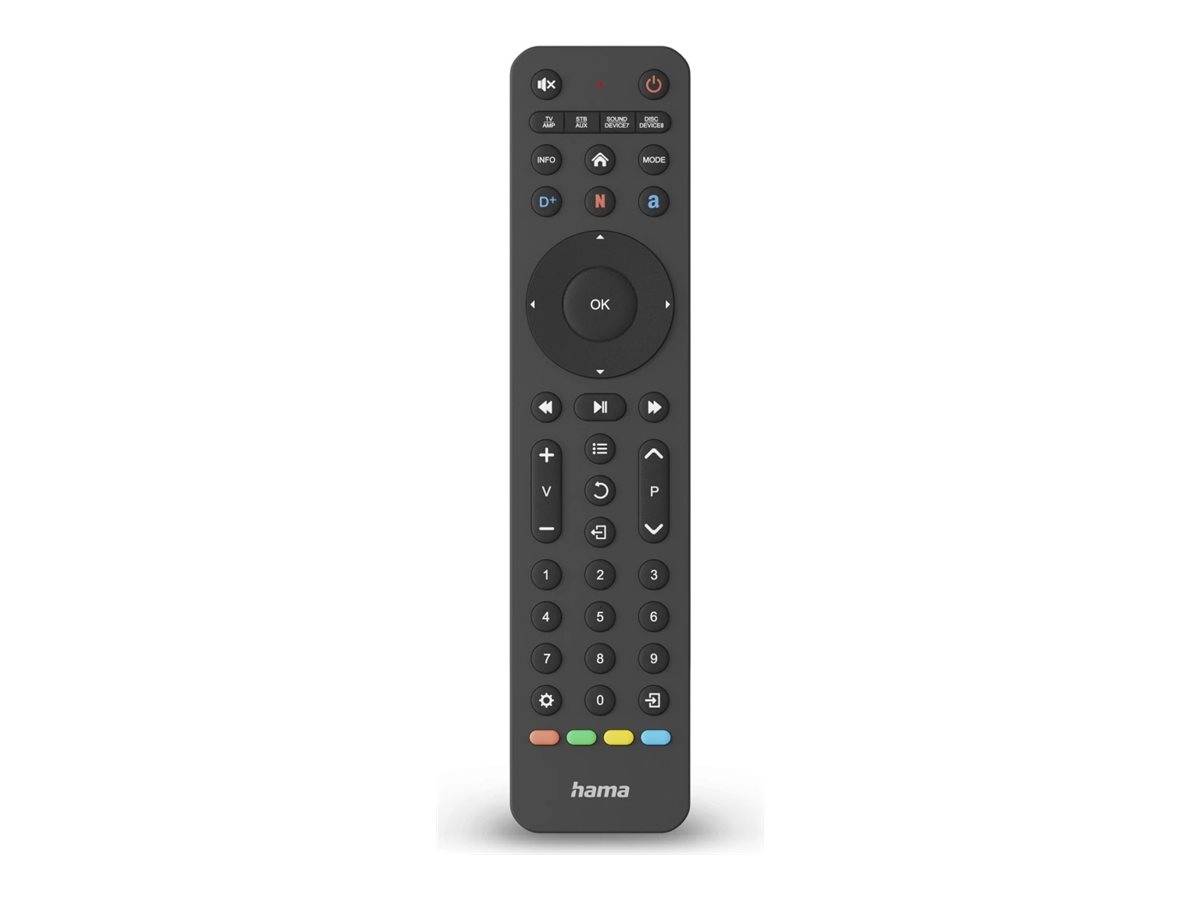 Eine schwarze TV-Fernbedienung mit Tasten für Ein/Aus, Lautstärke, Kanäle und farbigen Navigationstasten; Markenname 'hama' am unteren Rand.