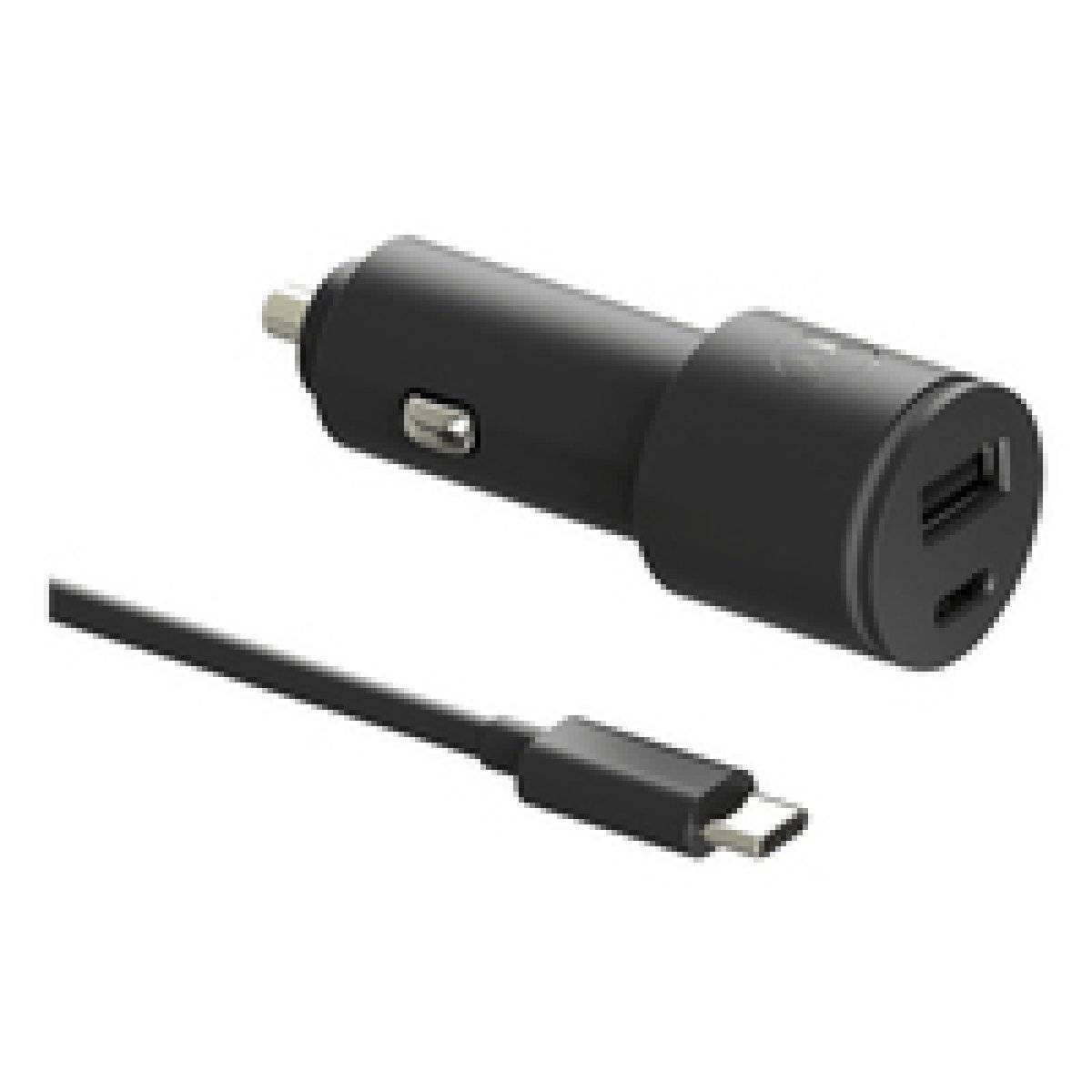 Schwarzer Autoladegerät mit zwei USB-Anschlüssen und einem USB-C-Verbindungskabel, geeignet zum Aufladen von Geräten im Fahrzeug.