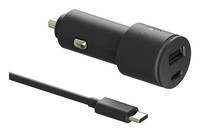 Schwarzer Autoladeadapter mit Zigarettenanzünder-Stecker und USB-C-Kabelstecker.