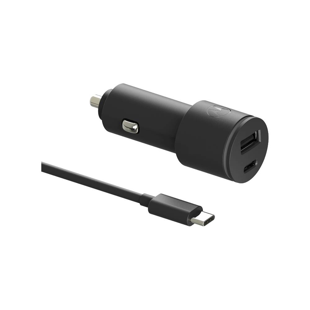 Autoladeradapter mit einem USB-A-Anschluss und einem USB-C-Kabelstecker auf schwarzem Hintergrund.