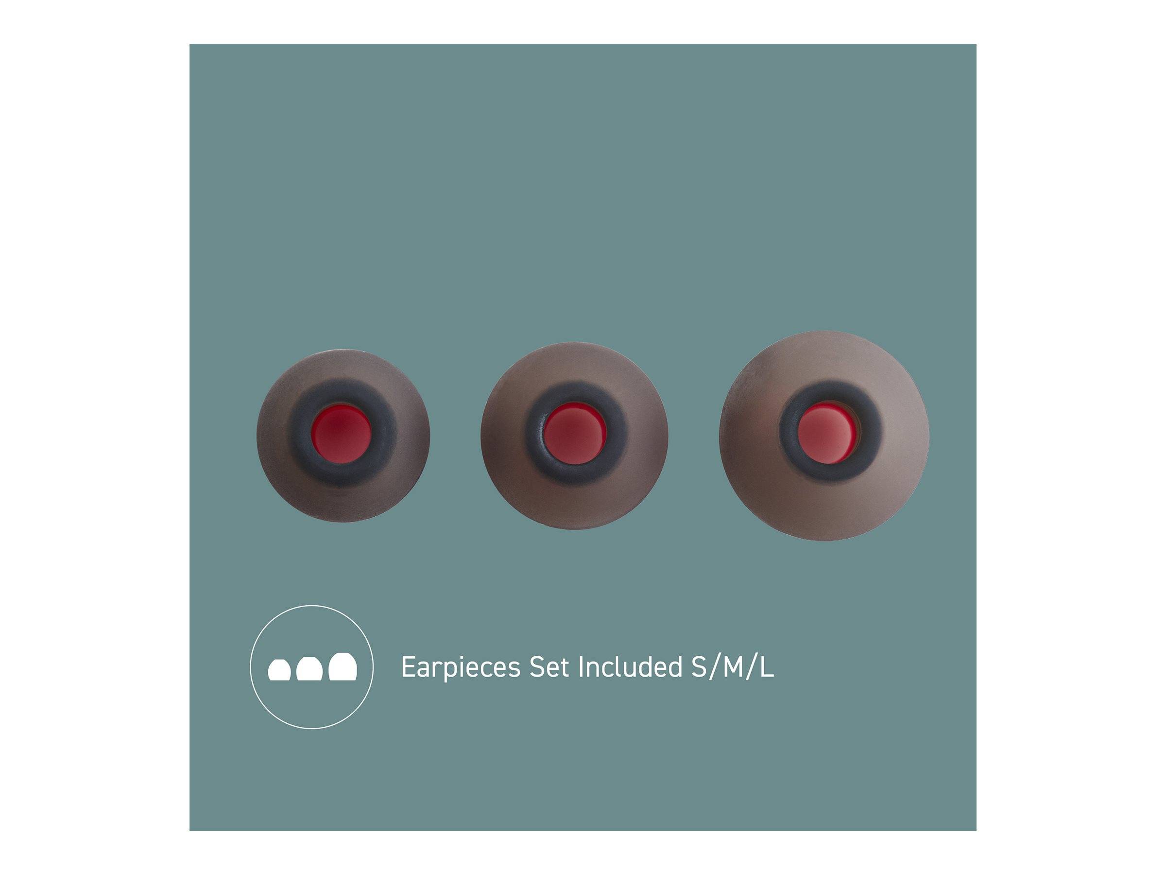 Ohrhörer-Set im Lieferumfang enthalten, in den Größen S, M und L, in brauner Farbe mit roten Zentren dargestellt.