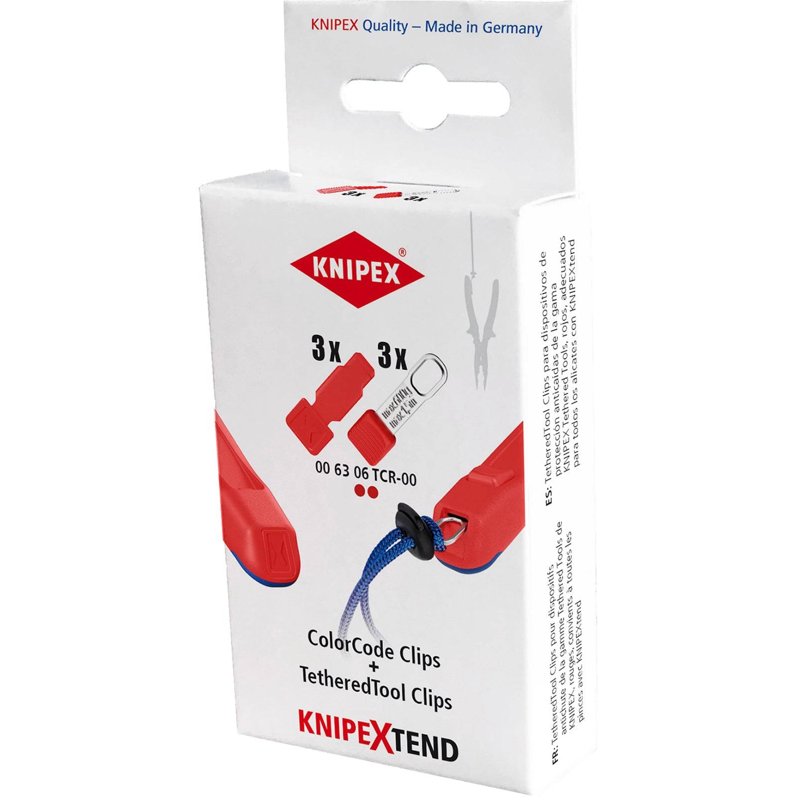 KNIPEX ColorCode-Clips + Befestigungsclips mit Sicherungsseil. Enthält drei rote und drei blaue Clips. KNIPEX-Logo und 'Made in Germany.