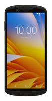 Ein schwarzes Smartphone von vorne mit einem bunten abstrakten Hintergrundbild und der Uhrzeit 10:00 auf dem Bildschirm.