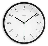 Analoge Wanduhr mit weißem Zifferblatt, schwarzem Rahmen und schwarzen Stunden- und Minutenzeigern, die etwa 10:10 Uhr anzeigt.