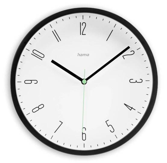 Weiße Wanduhr mit schwarzen Zahlen und Zeigern, die etwa 10:10 anzeigen, mit einem dünnen grünen Sekundenzeiger.