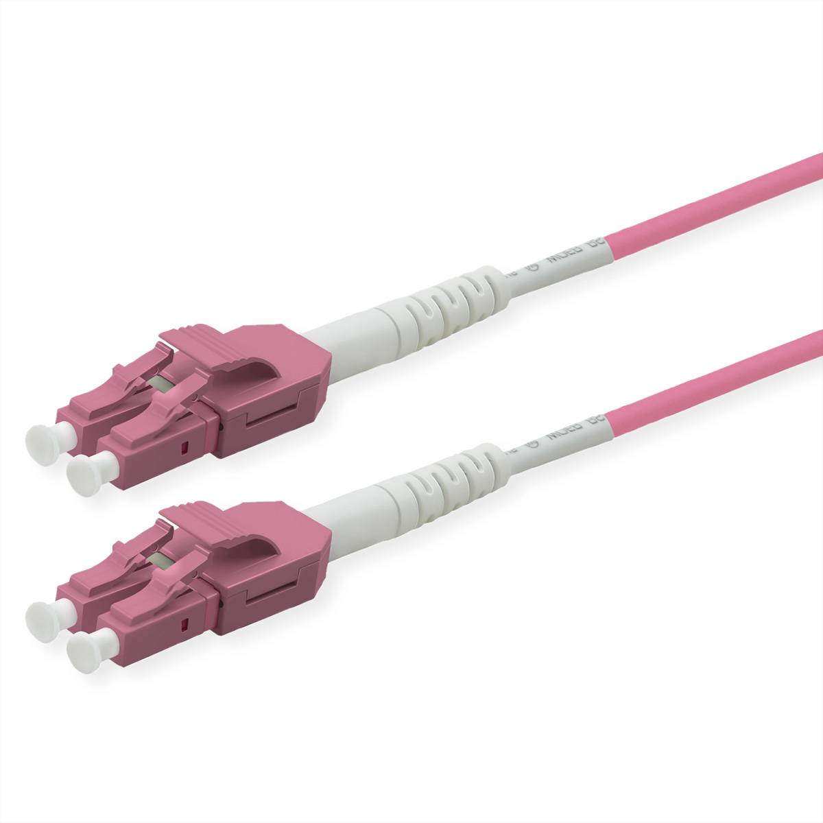 Zwei rosa Lichtwellenleiterkabel mit LC-Steckern auf weißem Hintergrund.