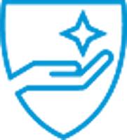 Ein blaues Symbol einer Hand unter einem funkelnden Stern in einem Schild, das Schutz oder Fürsorge repräsentiert.