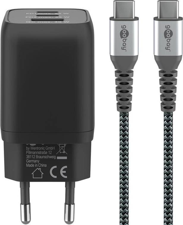 Goobay USB-C Schnellladegerät Nano PD GaN 65 Watt Textilkabel schwarz 1x USB-A (70180)