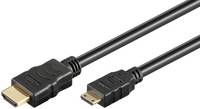 Ein schwarzes HDMI-Kabel mit einem Standardanschluss und einem Micro-HDMI-Anschluss an entgegengesetzten Enden, das zum Verbinden elektronischer Geräte verwendet wird.