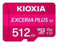 KIOXIA 512 GB Exceria Plus microSD-Karte, von Nahem gezeigt mit hervorgehobener Produktmarke und Speicherkapazität.