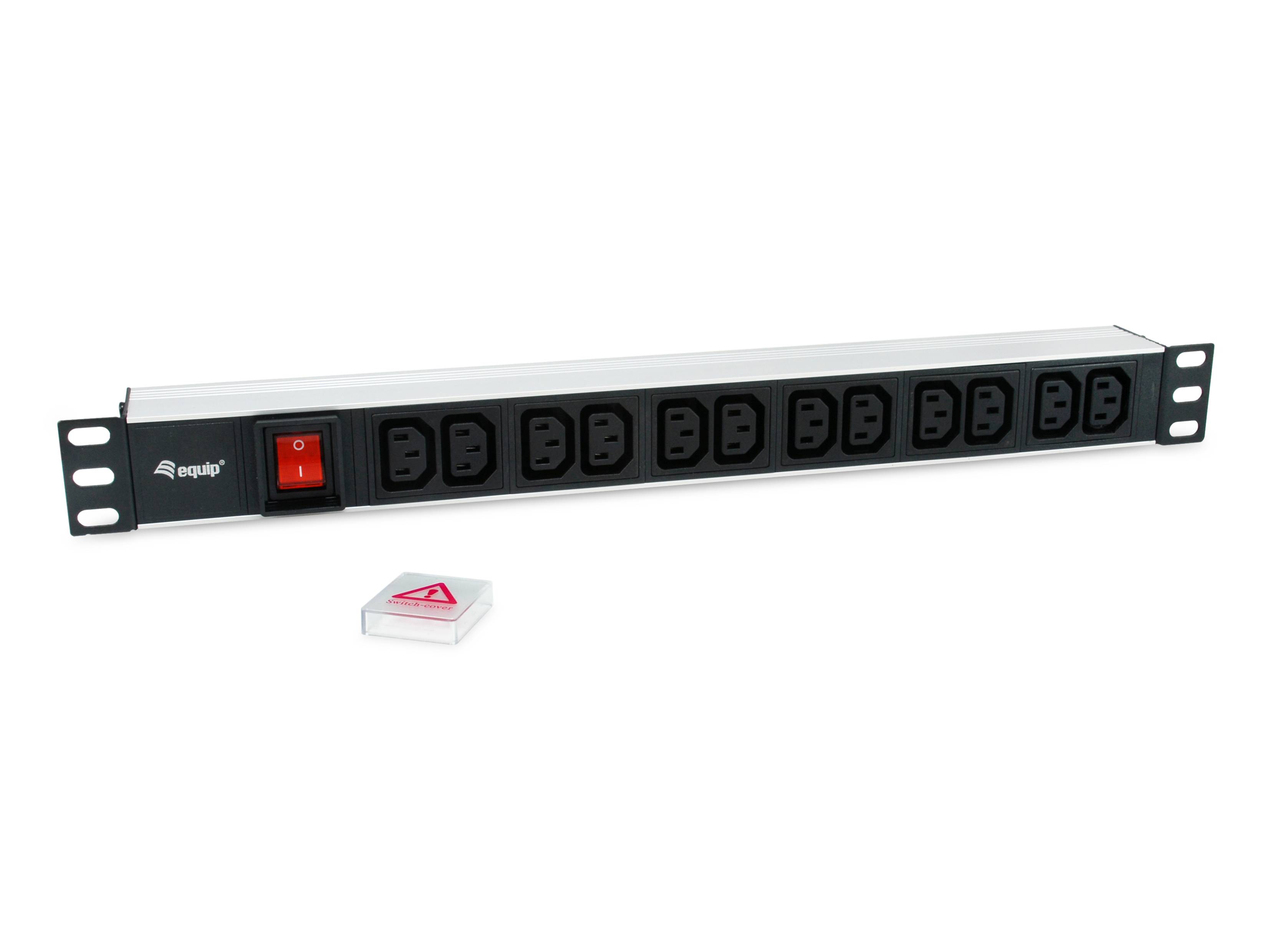 Rackmount-Stromverteilungsleiste mit mehreren AC-Steckdosen und einem roten Ein-/Aus-Schalter, dargestellt mit einer kleinen weißen Zubehörbox.