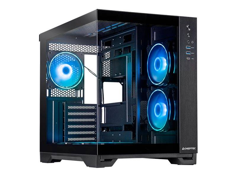 Offene Desktop-PC-Gehäuse mit gehärtetem Glasseitenpanel, sichtbare interne Komponenten und drei blaue LED-Kühlventilatoren.
