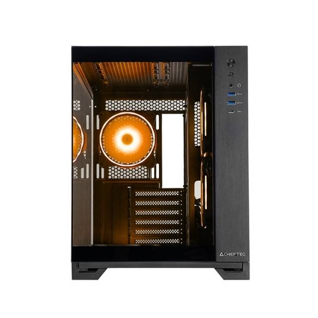 Frontansicht eines schwarzen PC-Gehäuses mit transparenter Seitenwand und leuchtenden orangefarbenen internen Lüftern.