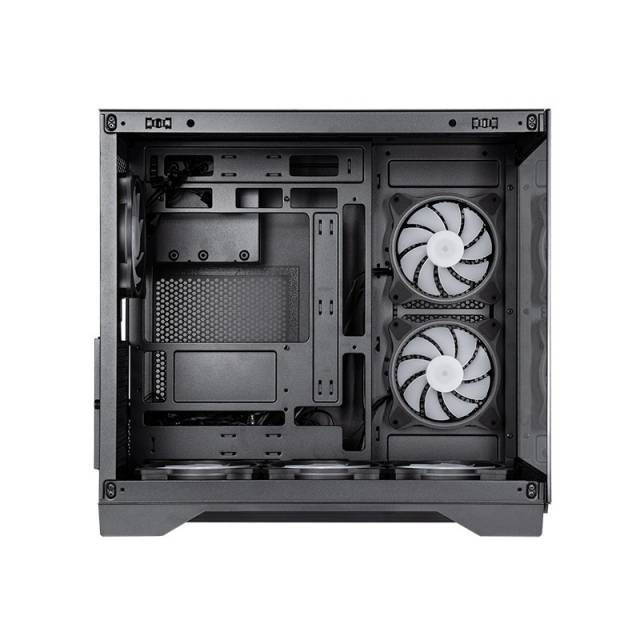 Offenes schwarzes Computergehäuse mit zwei vorderen Kühlventilatoren, zeigt leere Motherboard- und Laufwerk-Montagebereiche.