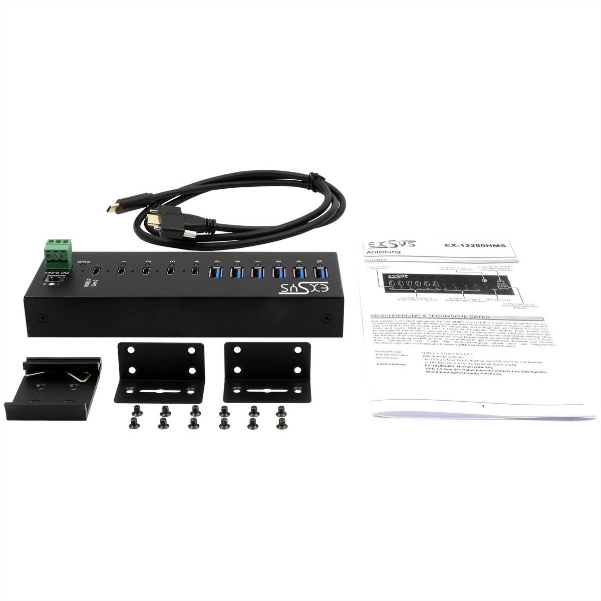 EXSYS EX-12280HMS 10-Port USB 3.2 Gen 2 Metall HUB, mit 4x C-Anschlüsse und 6x A-Anschlüsse