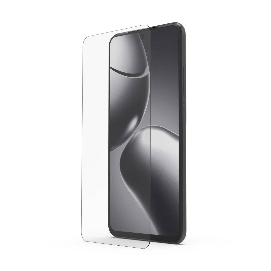 Vorder- und Rückansicht eines schwarzen Smartphones mit transparenter Schutzhülle auf weißem Hintergrund.