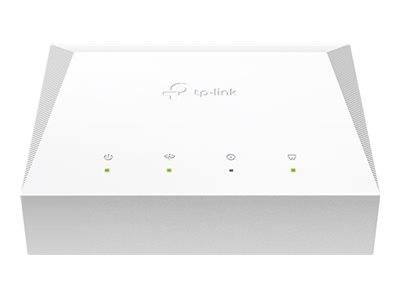 Draufsicht eines weißen TP-Link-Netzwerkgeräts, wahrscheinlich eines Routers oder Modems, mit vier Statusanzeigeleuchten auf der Vorderseite.