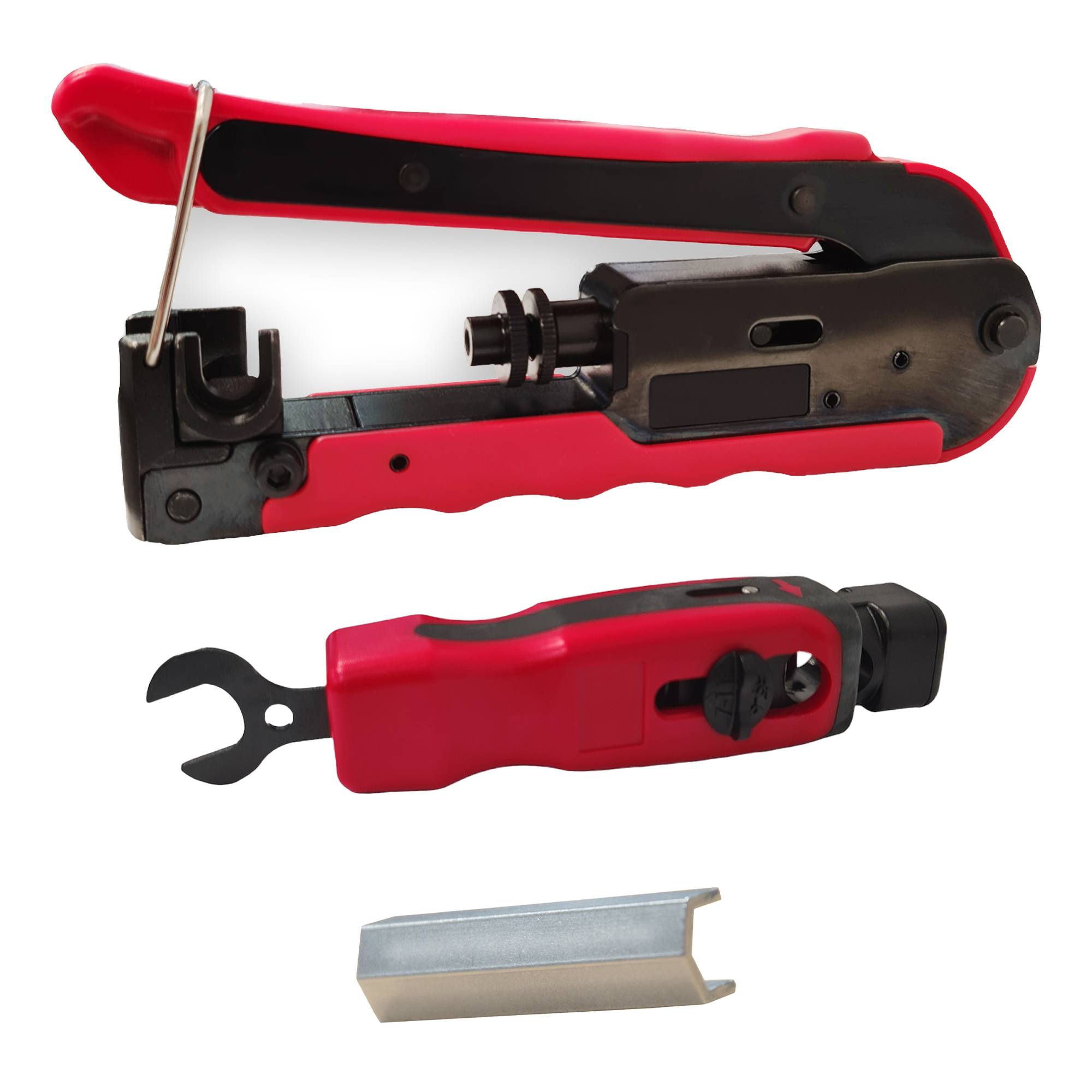 PremiumX Kompressionszange Set – Crimpzange, Abisolierwerkzeug Abisolierer, Aufdrehhilfe für F-Stecker RG-59, RG-6, RG-11 für SAT Kabel Koaxialkab